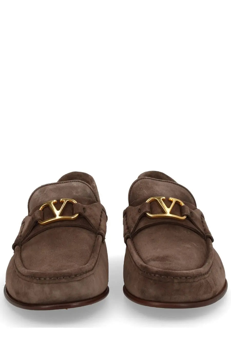 Brown suede loafers with gold-tone lv logo buckles valentino men’s mocassino vlogo signature brown
