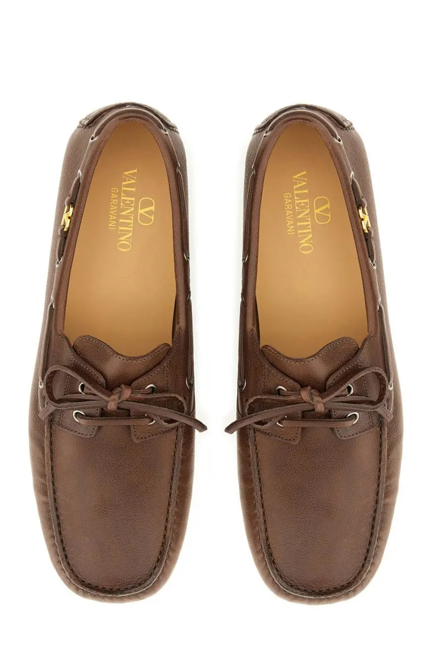 Valentino men’s moccasin vlogo signature brown boat shoes in brown leather with gold-tone branding and laces