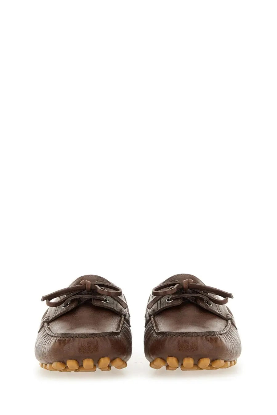 Valentino men’s moccasin vlogo signature brown leather loafers with tan rubber soles and matching laces