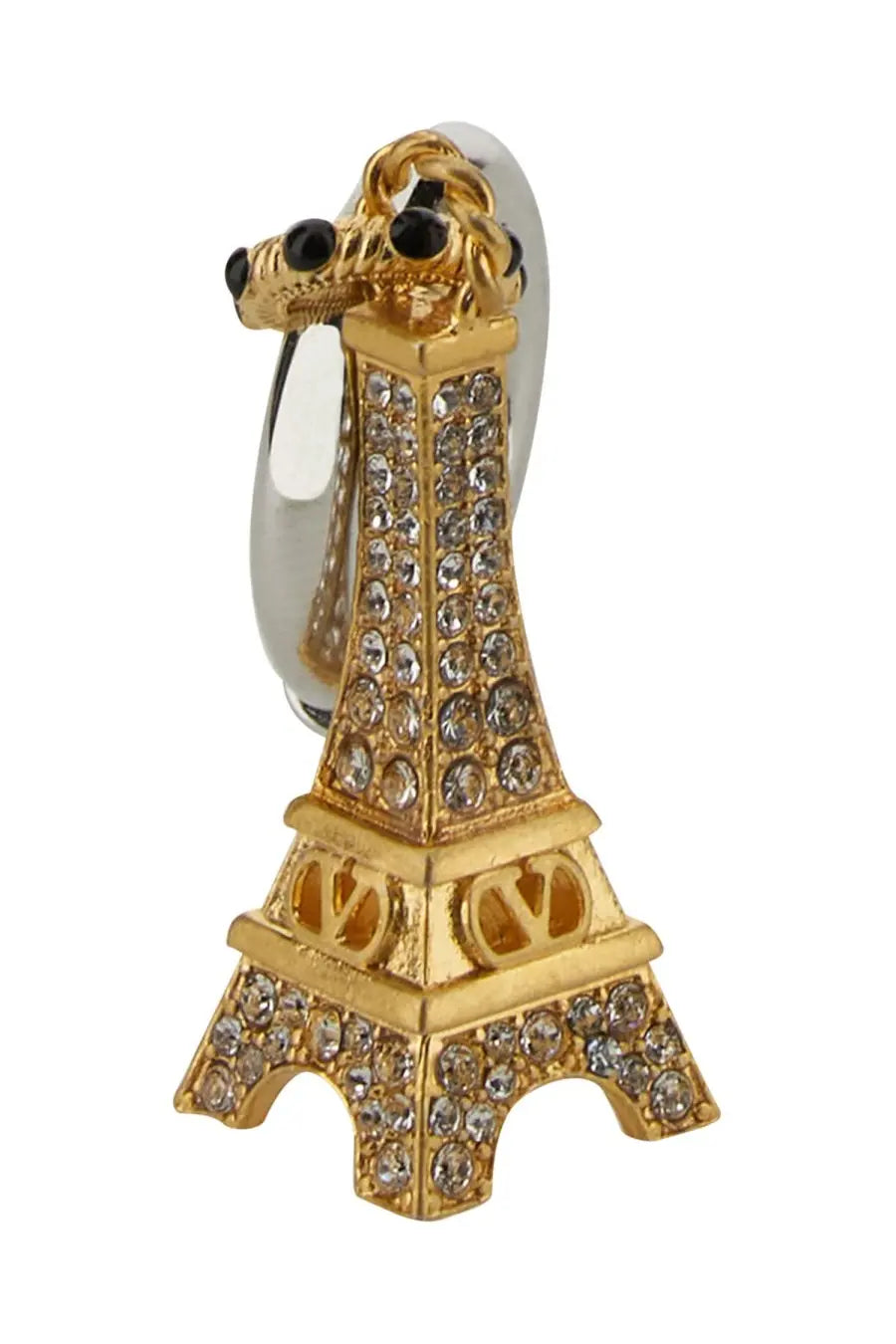 Valentino men’s mono earring gold with gold-colored eiffel tower keychain adorned with rhinestones and black beads