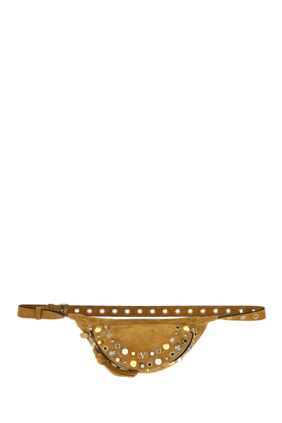 Valentino men’s Nellcôte pouch in beige suede with tan color and silver and gold-toned studded pattern belt bag