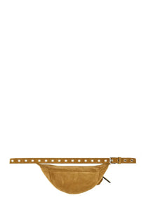 Valentino men’s Nellcôte pouch in beige suede with tan suede fanny pack and studded belt strap