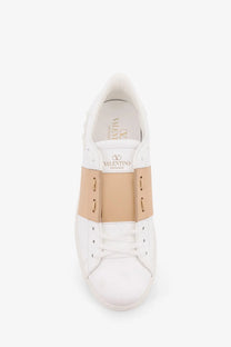 Valentino men’s open white leather sneakers with tan midfoot panel featuring leather material and stylish design