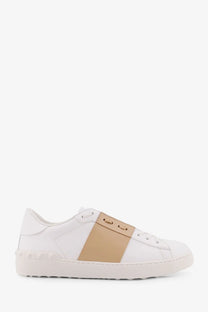 Valentino men’s open leather sneakers white with tan midfoot panel and textured off-white rubber sole