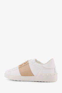 Valentino men’s open white leather sneaker with tan midfoot panel and textured rubber sole