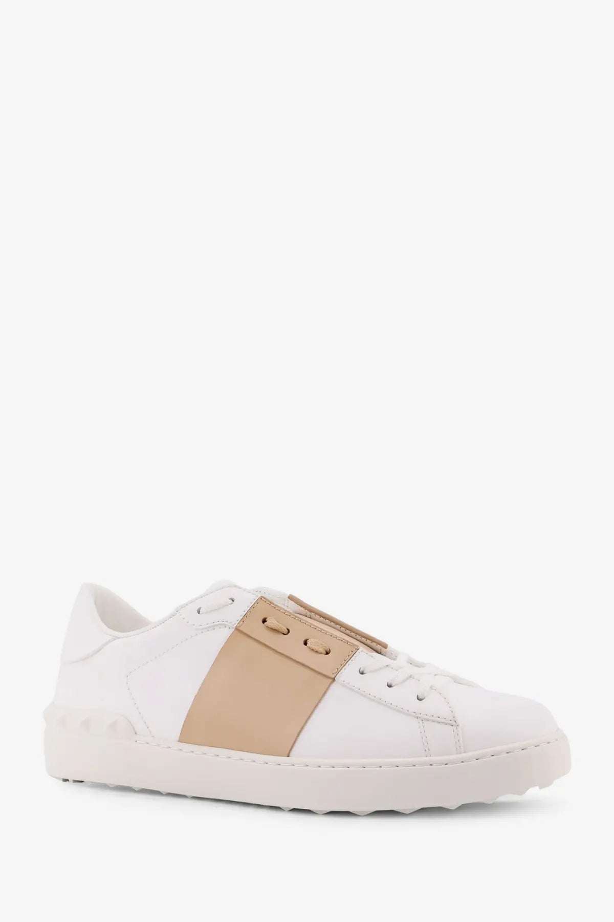 Valentino men’s open white leather sneaker with tan side panel white laces and stitching details