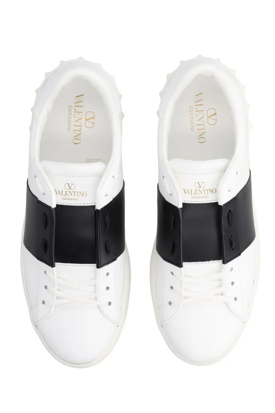 White valentino garavani men’s open sneaker with black leather straps and spiked detailing in white leather