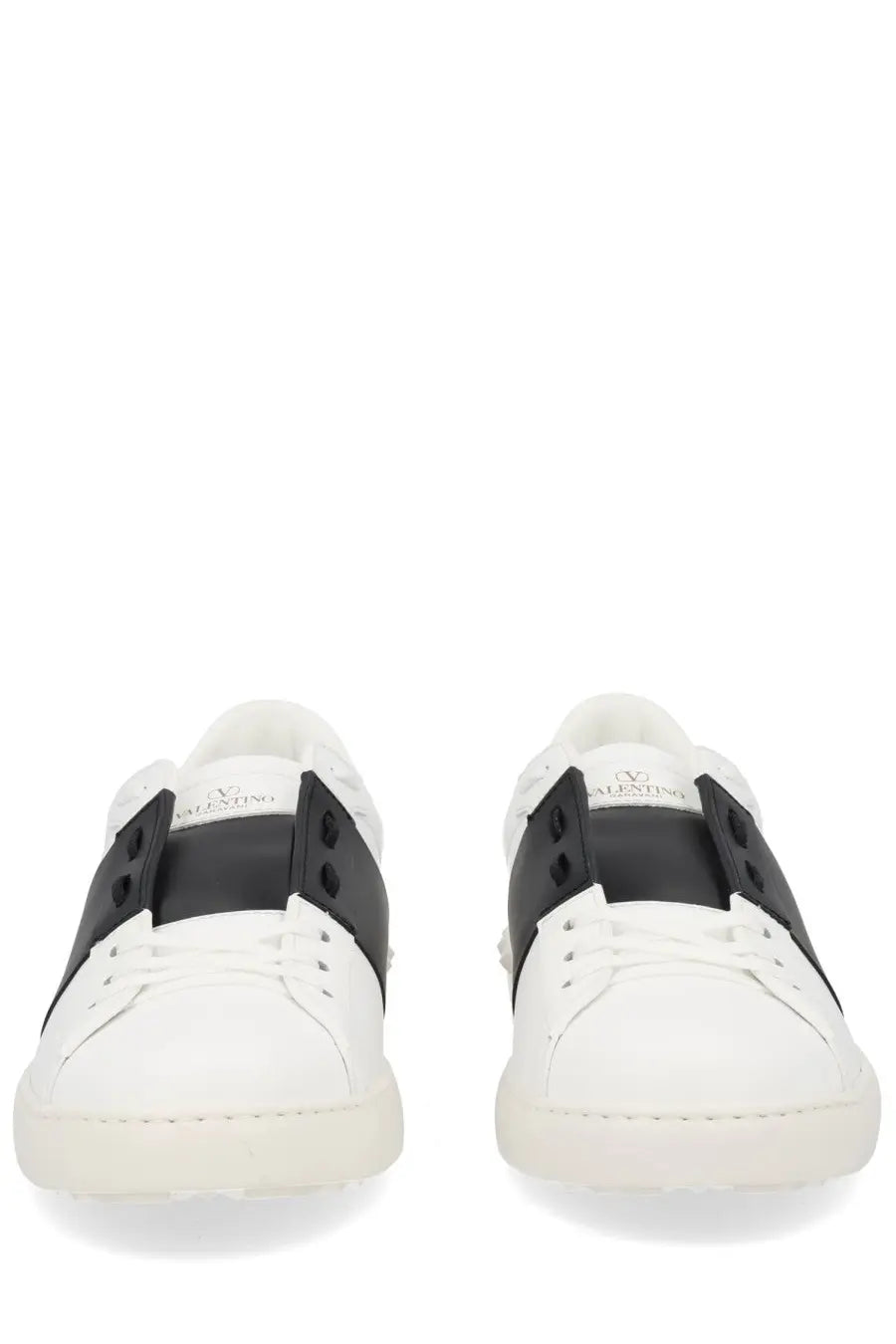 Valentino men’s open sneaker white leather with black rubber straps and a textured sole for casual wear