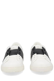 Valentino men’s open sneaker white leather with black rubber straps and a textured sole for casual wear