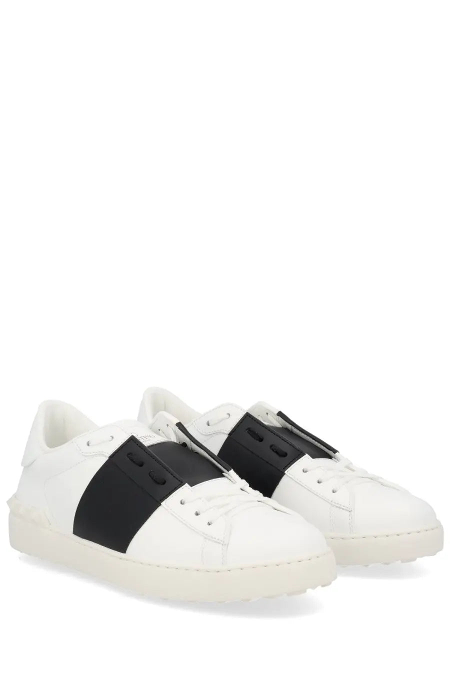 Valentino men’s open sneaker white with white leather and bold black strap across midfoot classic lacing minimalist design