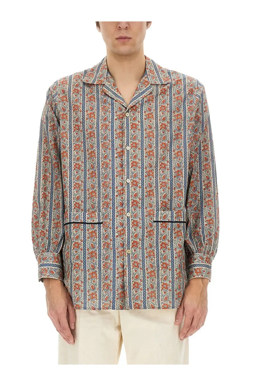 Valentino men’s pajama shirt with long sleeves featuring a multicolor orange blue and beige paisley pattern on light fabric