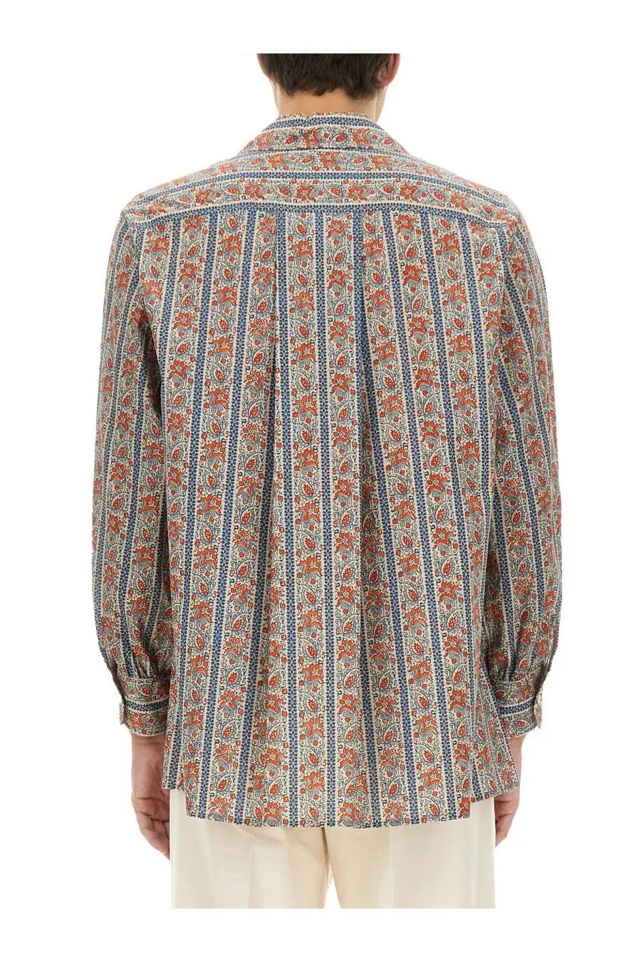 Valentino men’s multicolor pajama shirt in light beige with navy blue stripes and orange paisley patterns long sleeved button up