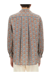 Valentino men’s multicolor pajama shirt in light beige with navy blue stripes and orange paisley patterns long sleeved button up