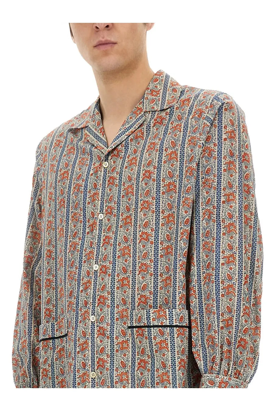 Valentino men’s long-sleeved pajama shirt with vibrant orange blue beige paisley pattern on light fabric