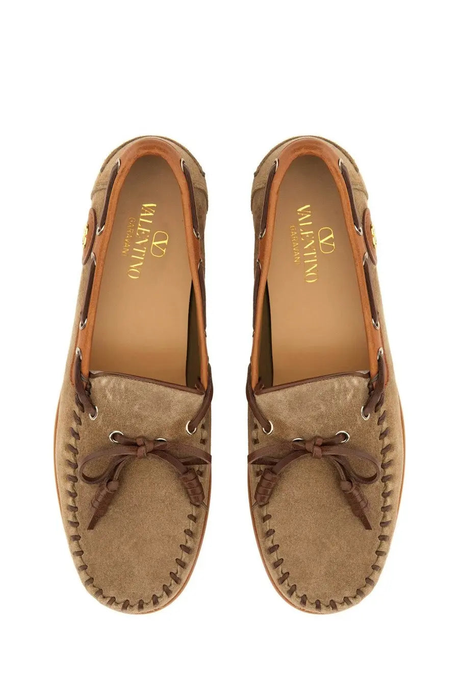Valentino men’s palm avenue boat moccasin beige tan suede loafers with brown leather accents and decorative bows