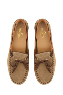 Valentino men’s palm avenue boat moccasin beige tan suede loafers with brown leather accents and decorative bows