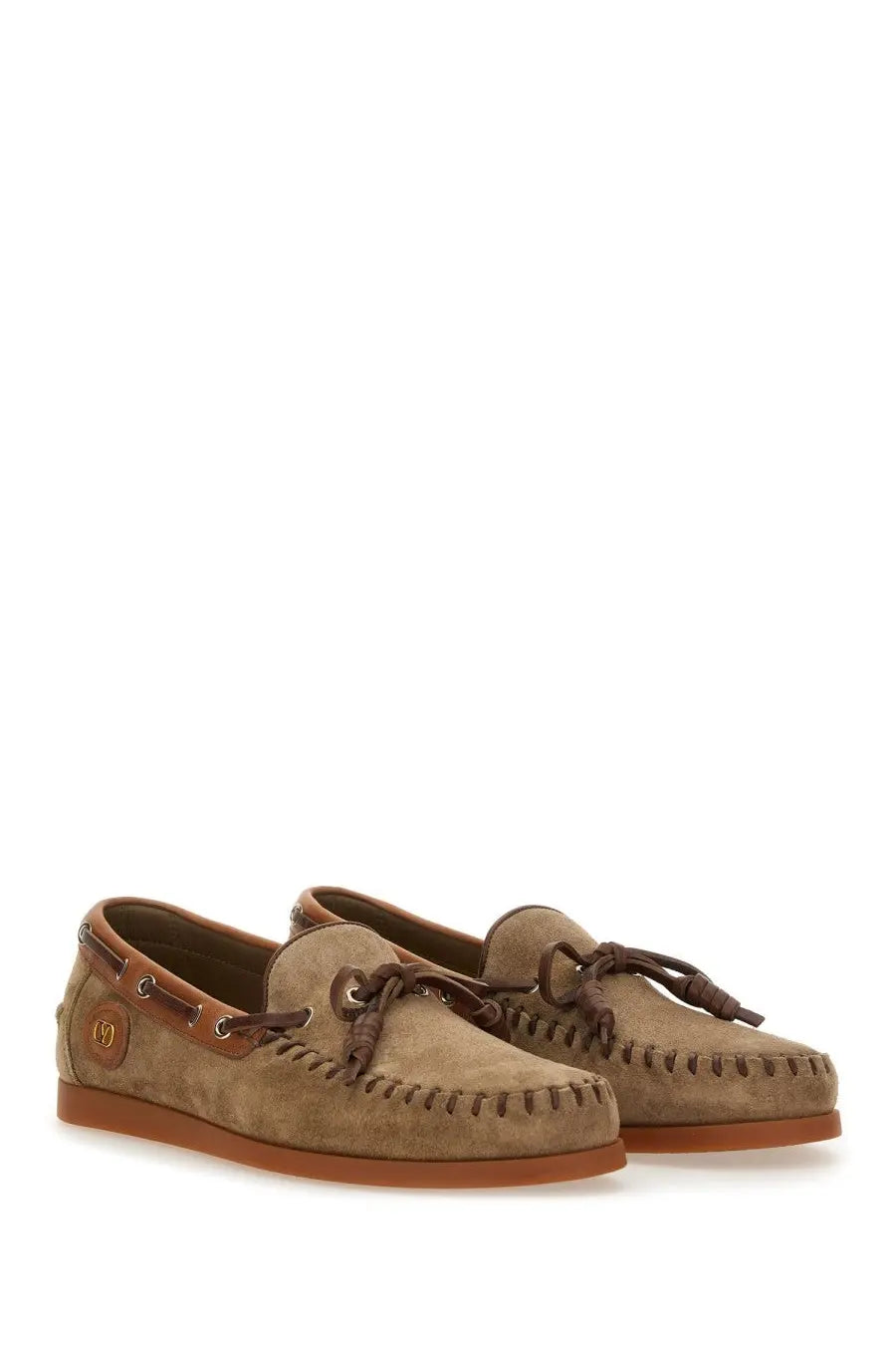 Valentino men’s palm avenue boat moccasin beige tan suede loafers with brown leather accents and tassels