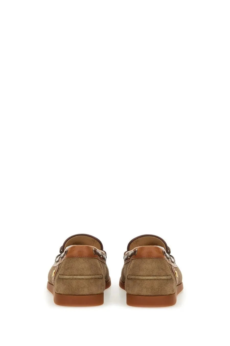 Valentino men’s palm avenue boat moccasin beige tan suede loafers with brown leather accents and metallic hardware