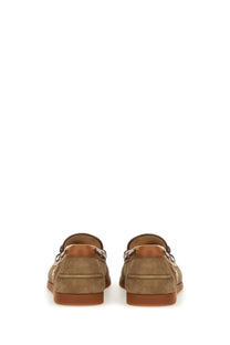 Valentino men’s palm avenue boat moccasin beige tan suede loafers with brown leather accents and metallic hardware