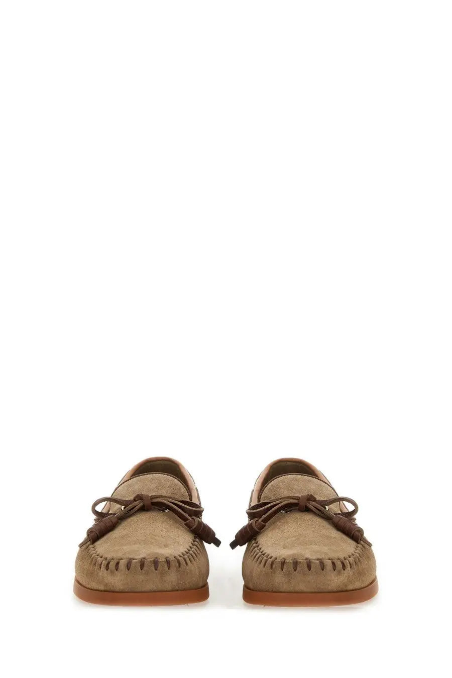 Valentino men’s palm avenue boat moccasin in beige tan suede with brown leather ties and stitching