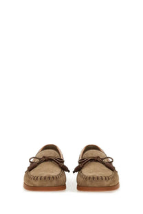 Valentino men’s palm avenue boat moccasin in beige tan suede with brown leather ties and stitching