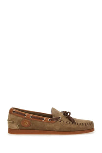 Valentino men’s palm avenue boat moccasin beige tan suede shoe with brown leather accents and braided tassel