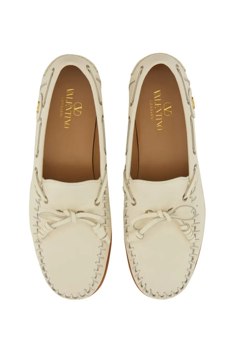 Valentino men’s palm avenue boat moccasin in cream leather with braided lace up design and gold branding insole