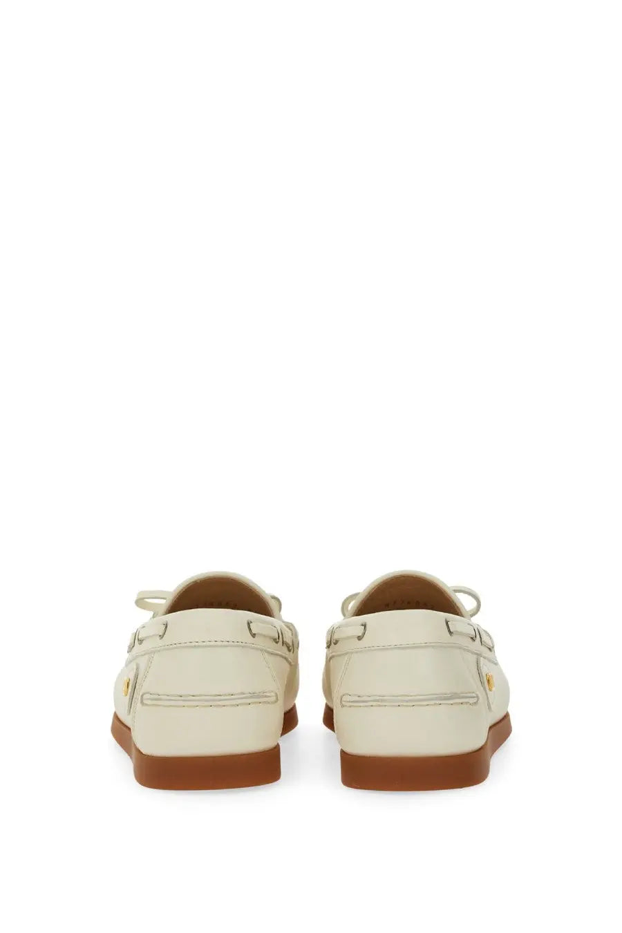 Valentino men’s palm avenue boat moccasin cream leather loafers with brown rubber soles and gold-tone hardware