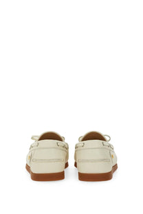 Valentino men’s palm avenue boat moccasin cream leather loafers with brown rubber soles and gold-tone hardware