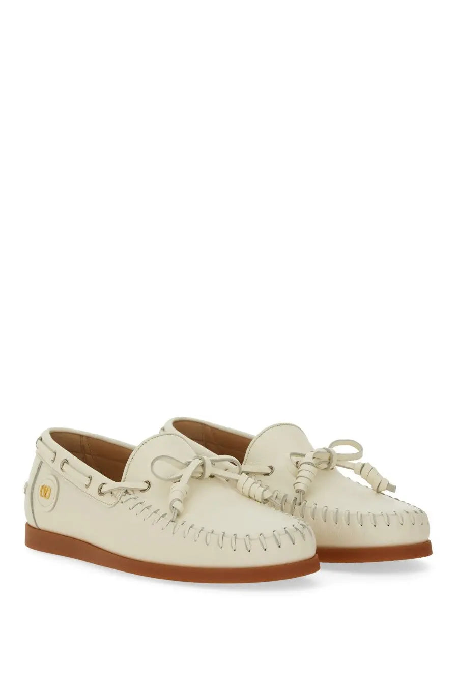 Valentino men’s palm avenue boat moccasin cream leather with tan rubber soles and decorative edge stitching