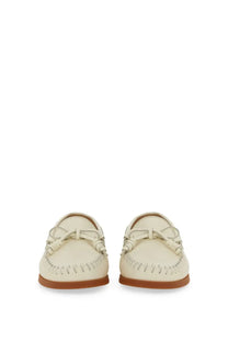Valentino men’s palm avenue boat moccasin white cream leather loafers with frayed tassel and tan rubber soles