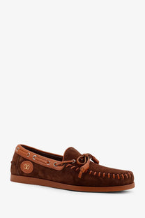 Valentino men’s palm avenue brown suede loafers with tan leather accents and braided tassel detail