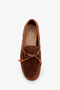 Valentino men’s palm avenue leather and suede boat shoe in brown with tan leather trim and braided detailing