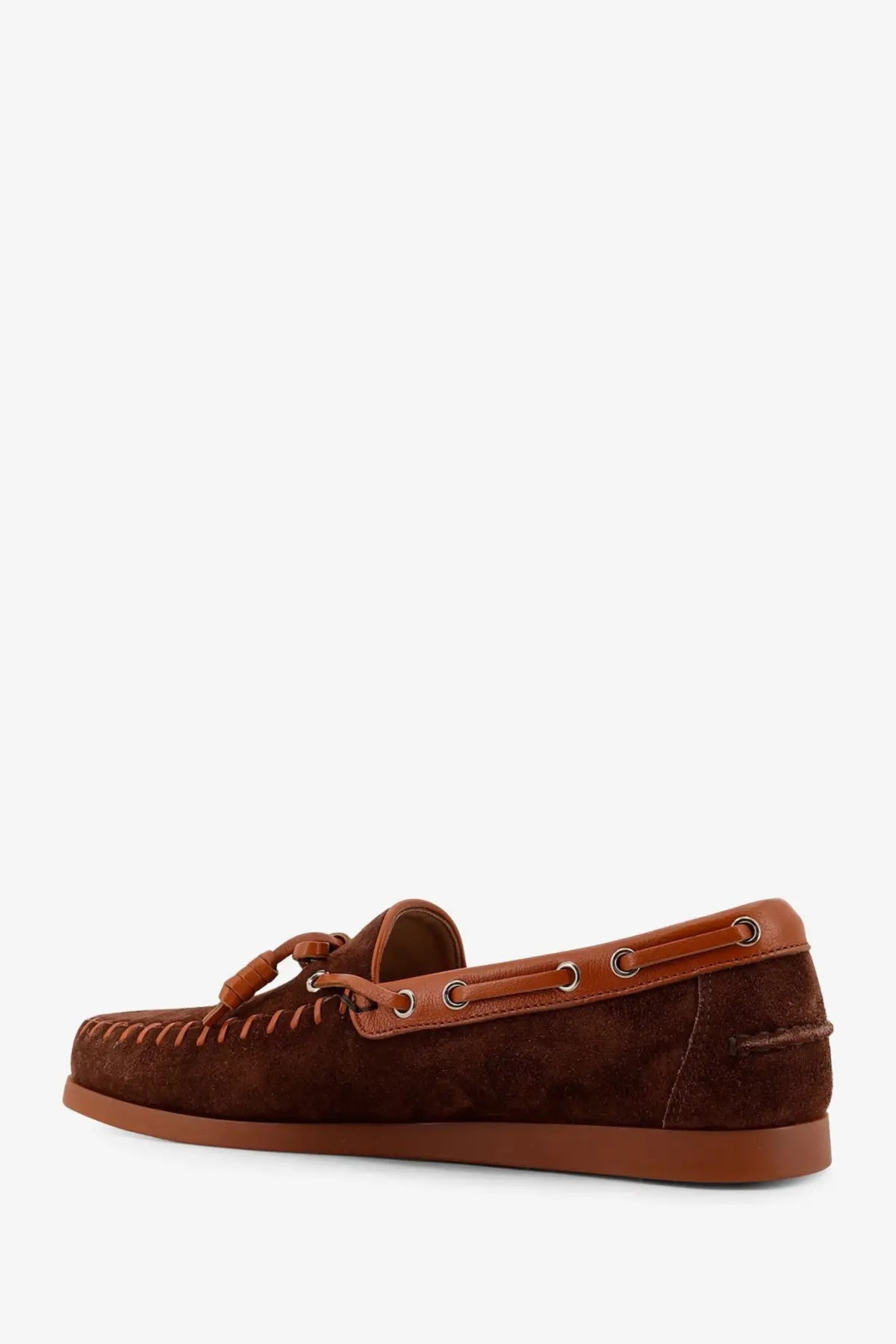 Valentino men’s palm avenue brown suede moccasin with tan leather accents and tassel detail