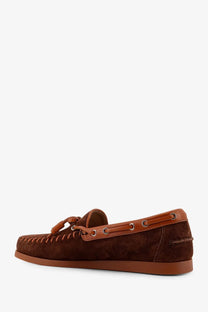 Valentino men’s palm avenue brown suede moccasin with tan leather accents and tassel detail
