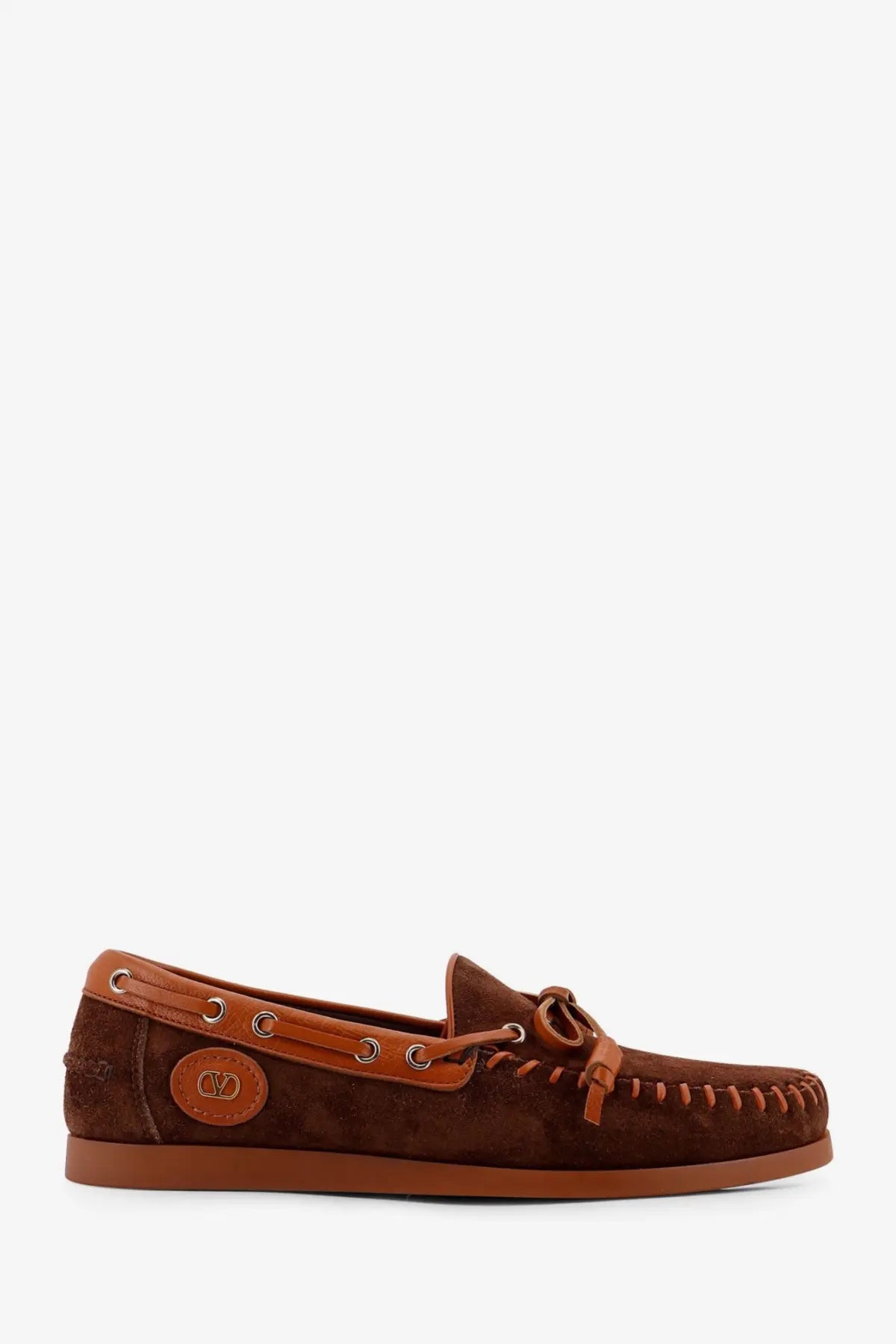 Valentino men’s palm avenue brown suede moccasin with tan leather laces and stitched toe detail boat shoe