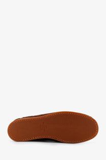 Brown leather sole of valentino men’s palm avenue leather and suede boat shoe with visible stitching and embossed logo