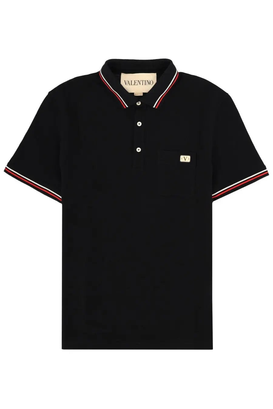 Black Valentino men’s polo shirt with red and white striped trim and embroidered logo patch on left chest