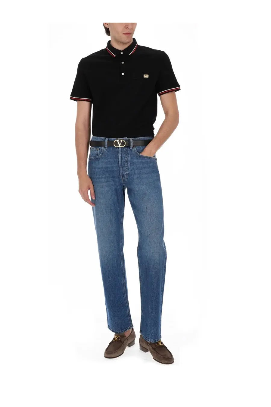 Valentino men’s black short-sleeved polo shirt with red and white trim and embroidered chest logo