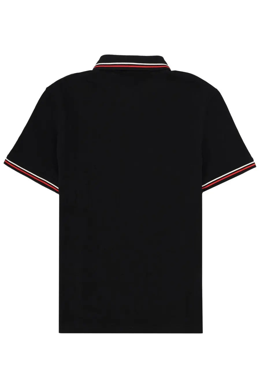 Valentino men’s black polo shirt with red and white striped trim on collar and sleeve cuffs for casual wear
