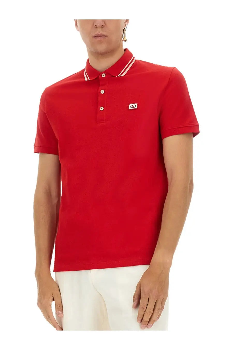 Valentino men’s red short-sleeved polo shirt with white and red striped collar and embroidered chest logo