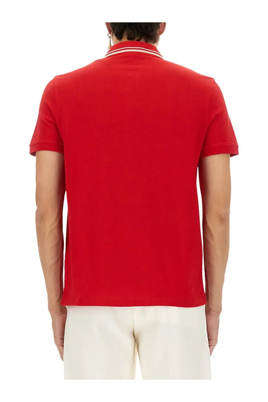 Valentino men’s red short-sleeved polo shirt with white and red striped collar trim ideal for casual wear