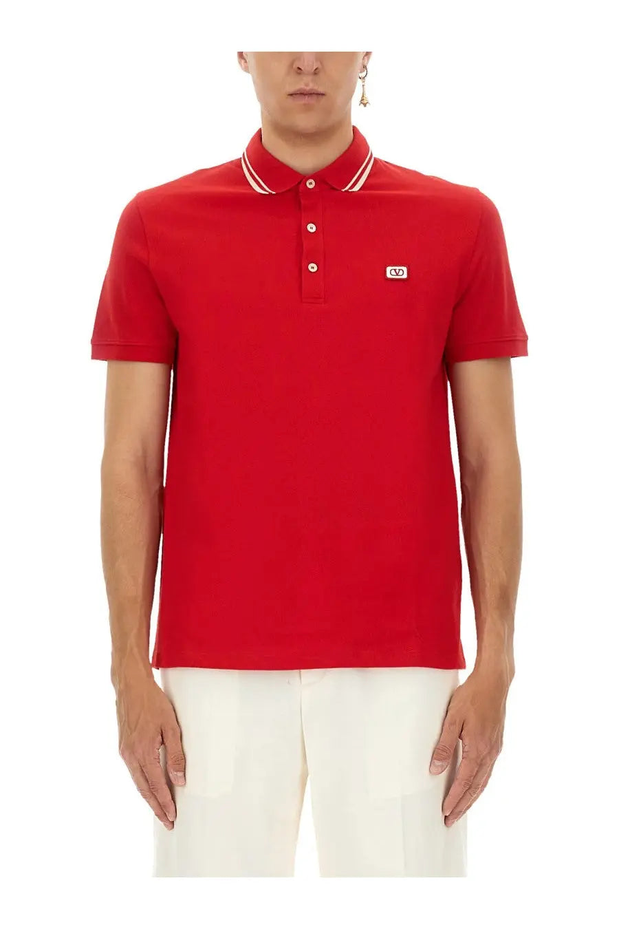 Valentino men’s red polo shirt with white and red striped collar and small embroidered chest logo