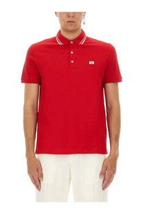 Valentino men’s red polo shirt with white and red striped collar and small embroidered chest logo