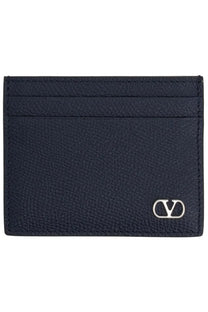 Valentino men’s portacarte vlog signature blue navy blue textured leather card holder with silver-tone vlogo emblem