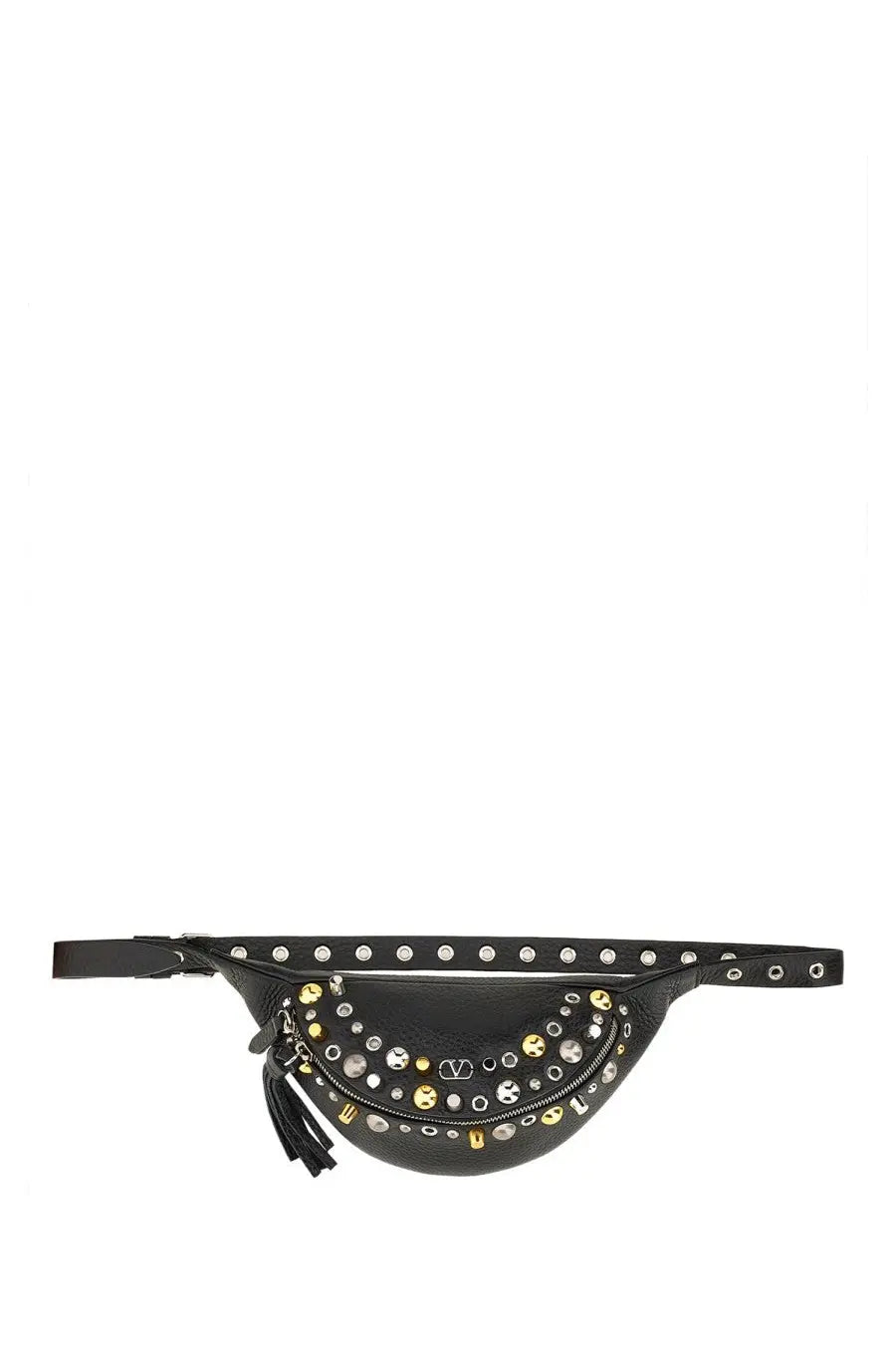 Valentino men’s pouch nellcôte black leather belt bag with silver and gold-tone studs logo plaque and tassel accent