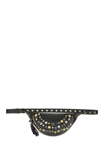 Valentino men’s pouch nellcôte black leather belt bag with silver and gold-tone studs logo plaque and tassel accent