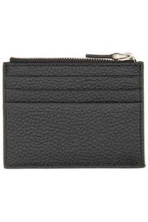 Valentino men’s rockstud black card holder in textured leather with silver zipper pull for stylish organization
