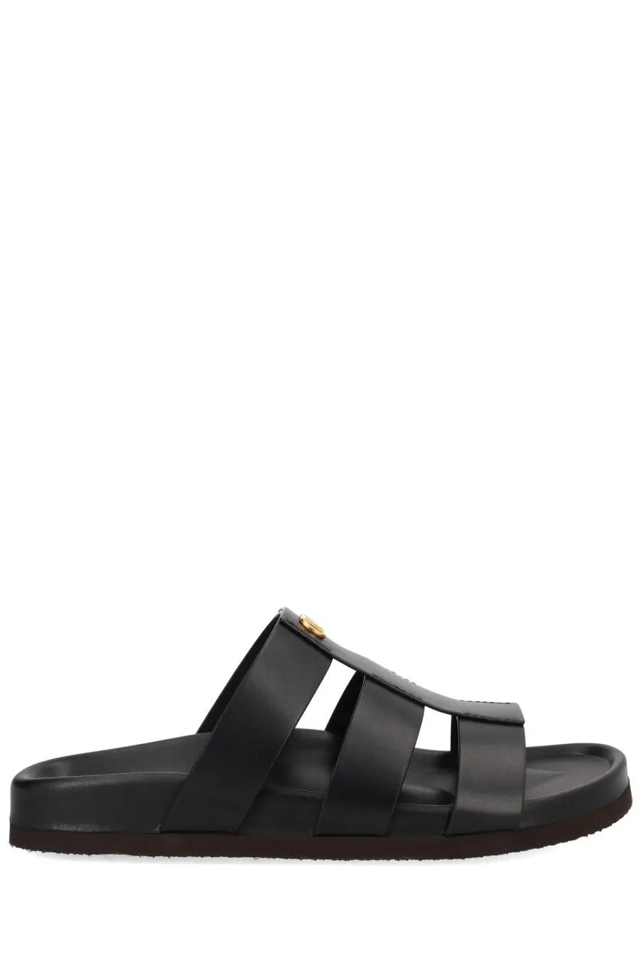 Valentino men’s sandalo slide studshield black leather sandal with gold-tone circular logo on the strap