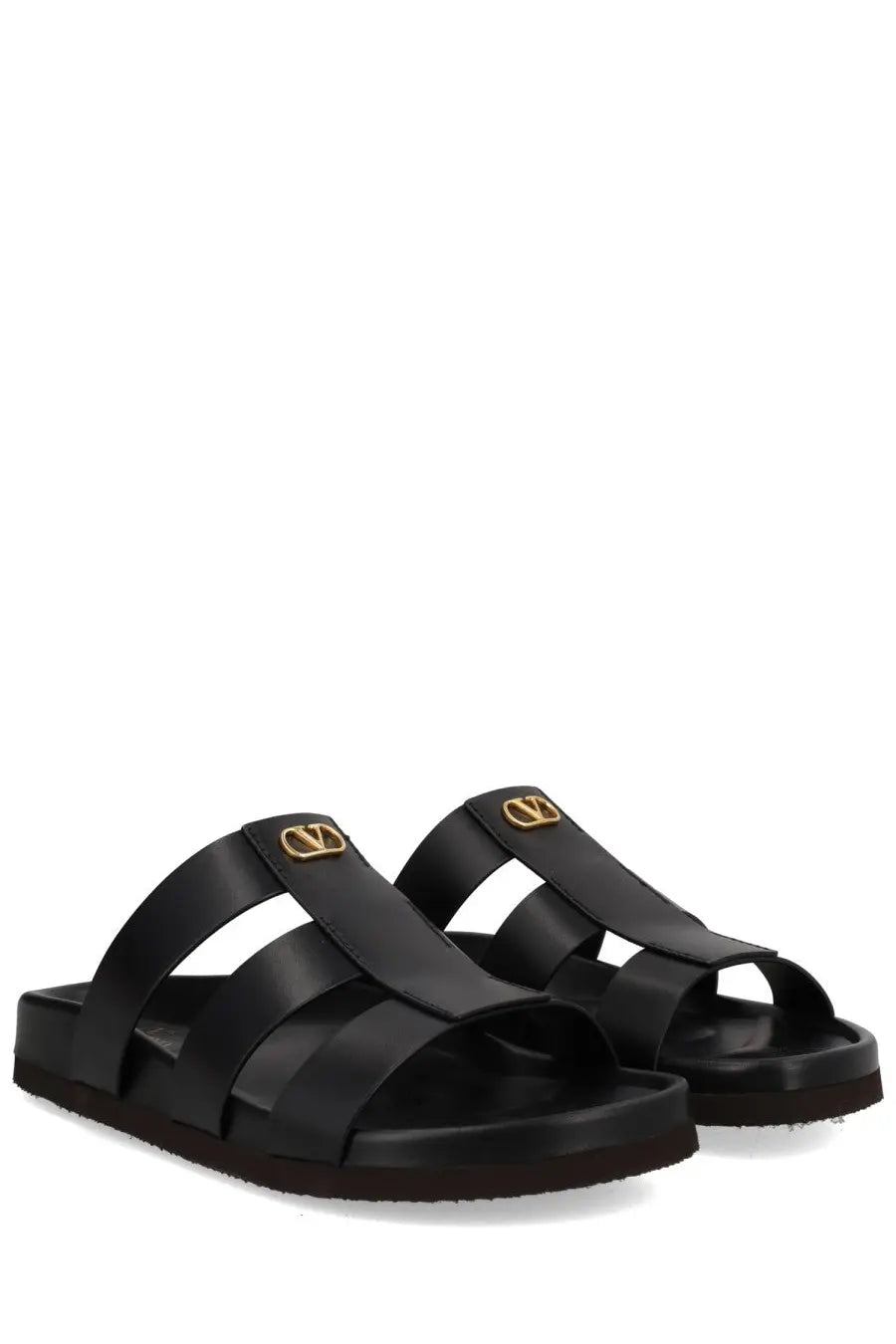 Black leather Valentino men’s sandalo slide sandals with gold-tone logo hardware and studshield design